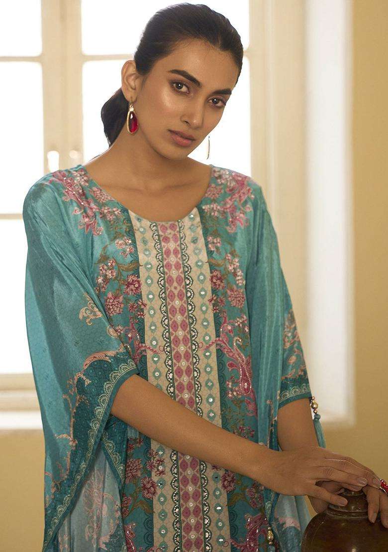 Turquoise Blue Printed Silk Blend Kurta Set - Indya
