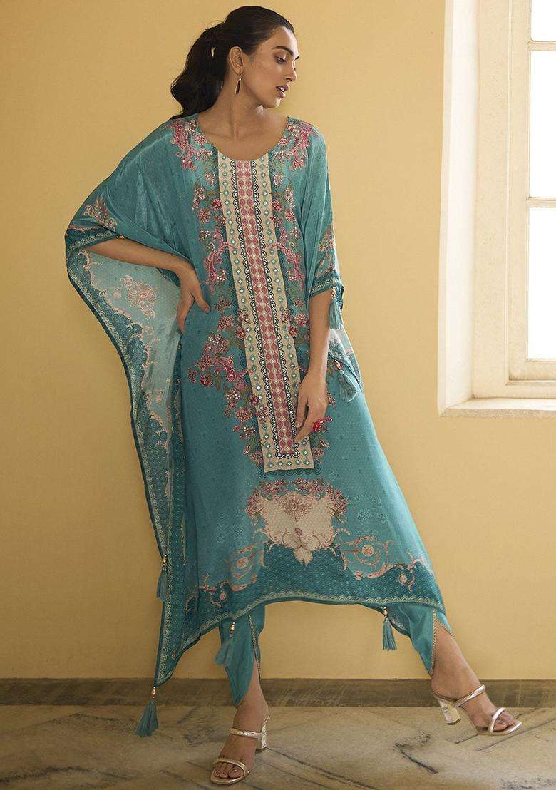 Turquoise Blue Printed Silk Blend Kurta Set - Indya