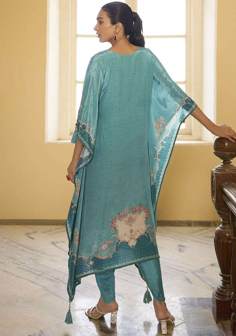 Turquoise Blue Printed Silk Blend Kurta Set - Indya