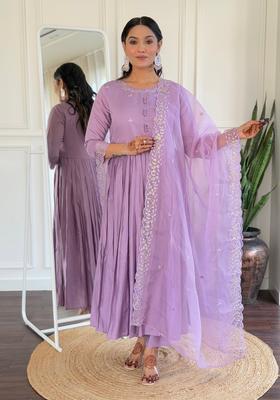 Lavender Embroidered Viscose Anarkali Set
