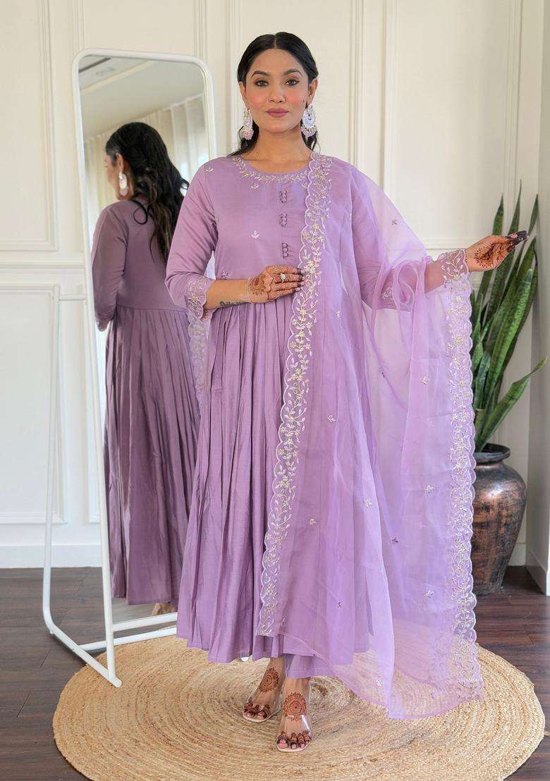 Lavender Embroidered Viscose Anarkali Set - Indya
