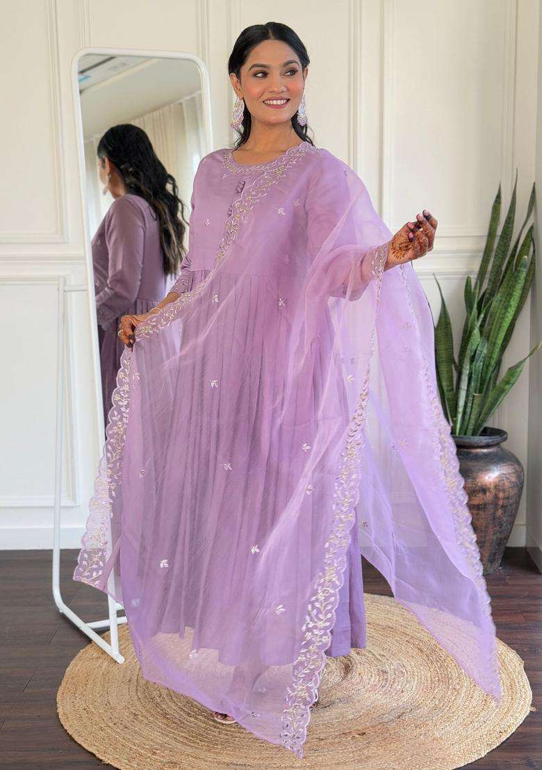 Lavender Embroidered Viscose Anarkali Set - Indya