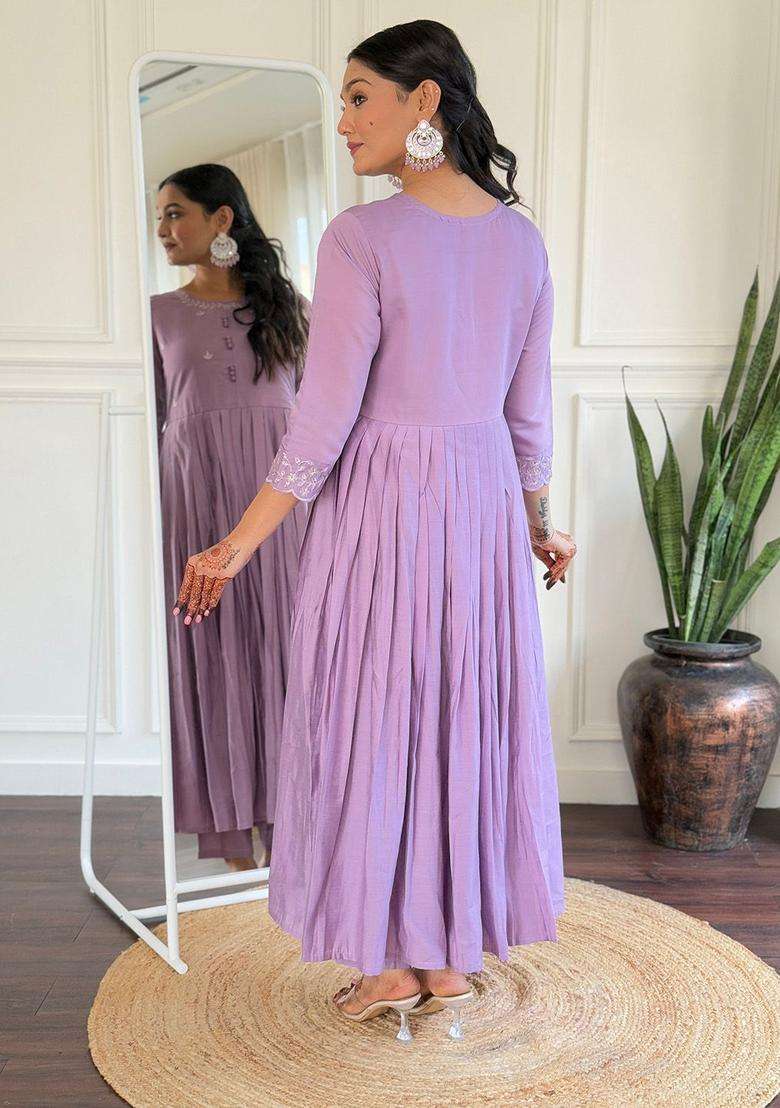 Lavender Embroidered Viscose Anarkali Set - Indya