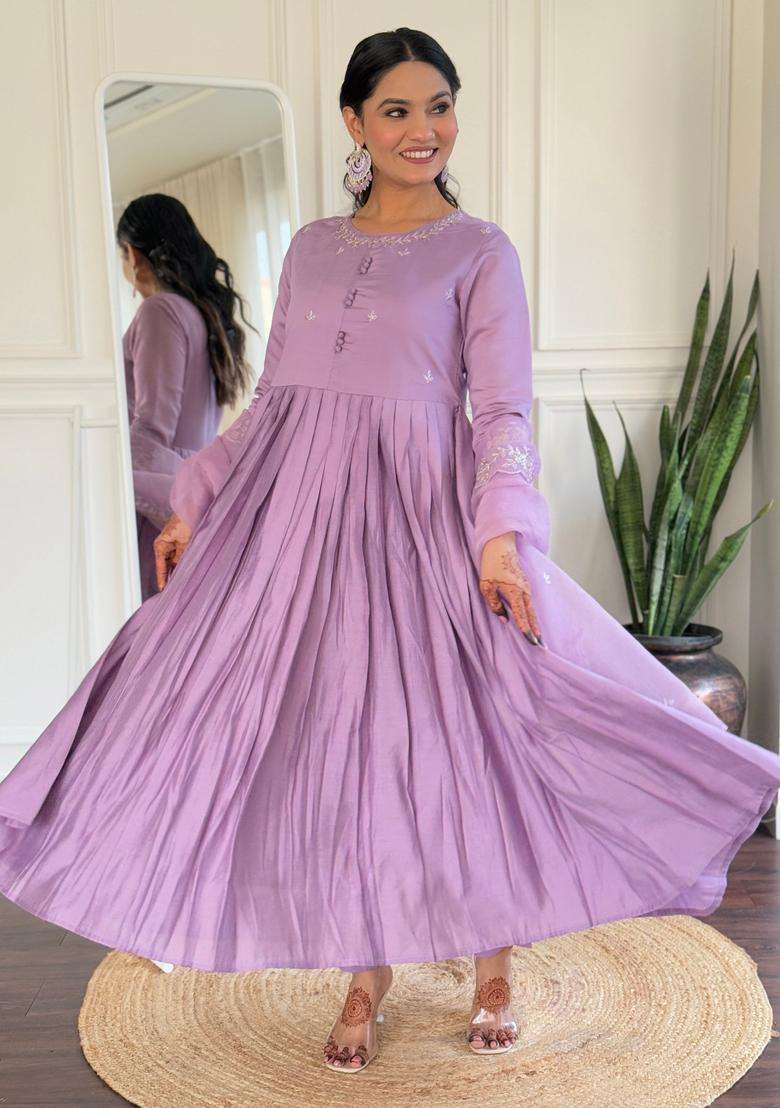 Lavender Embroidered Viscose Anarkali Set - Indya