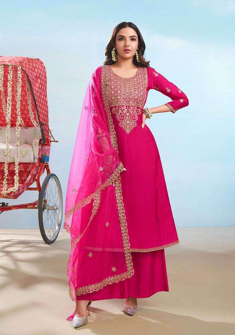 Pink Embroidered Silk Blend Anarkali Set - Indya
