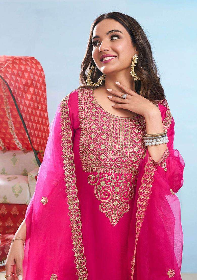 Pink Embroidered Silk Blend Anarkali Set - Indya