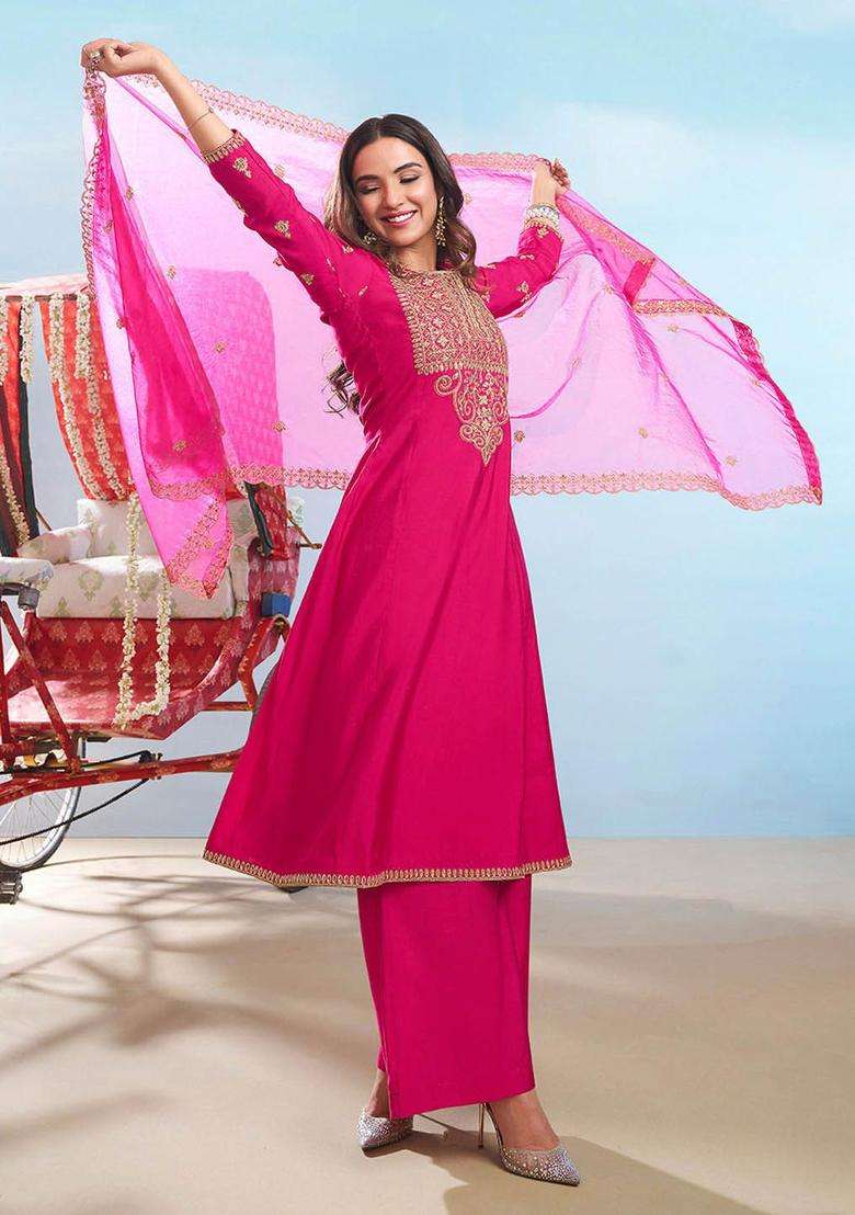 Pink Embroidered Silk Blend Anarkali Set - Indya