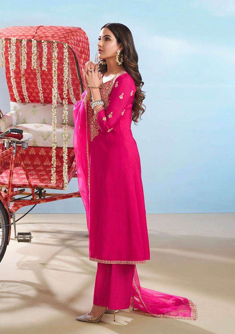 Pink Embroidered Silk Blend Anarkali Set - Indya