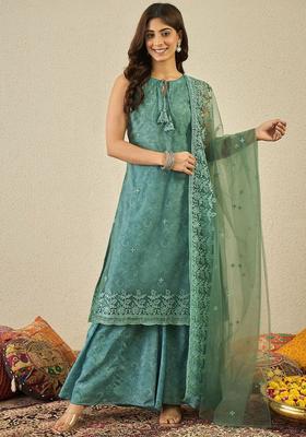 Green Embroidered Net Sharara Set
