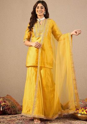 Mustard Yoke Design Cotton Kurta Set