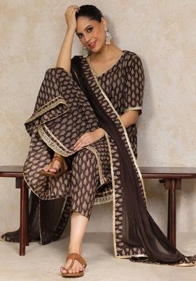 Brown Printed Cotton Kurta Set