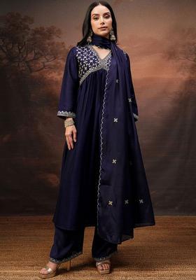 Navy Blue Embroidered Polyester Kurta Set