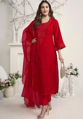 Red Yoke Design Silk Blend Kurta Set