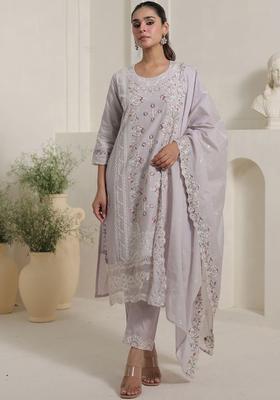 Lavender Embroidered Cotton Kurta Set