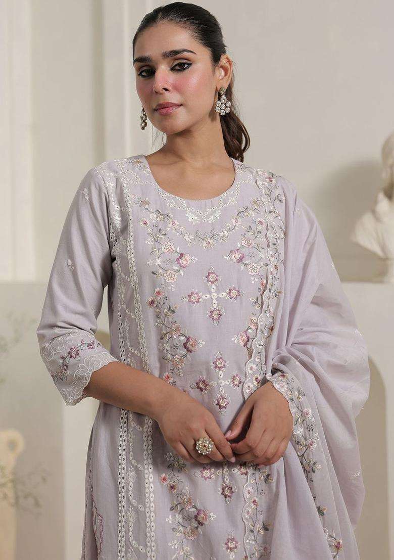 Lavender Embroidered Cotton Kurta Set - Indya