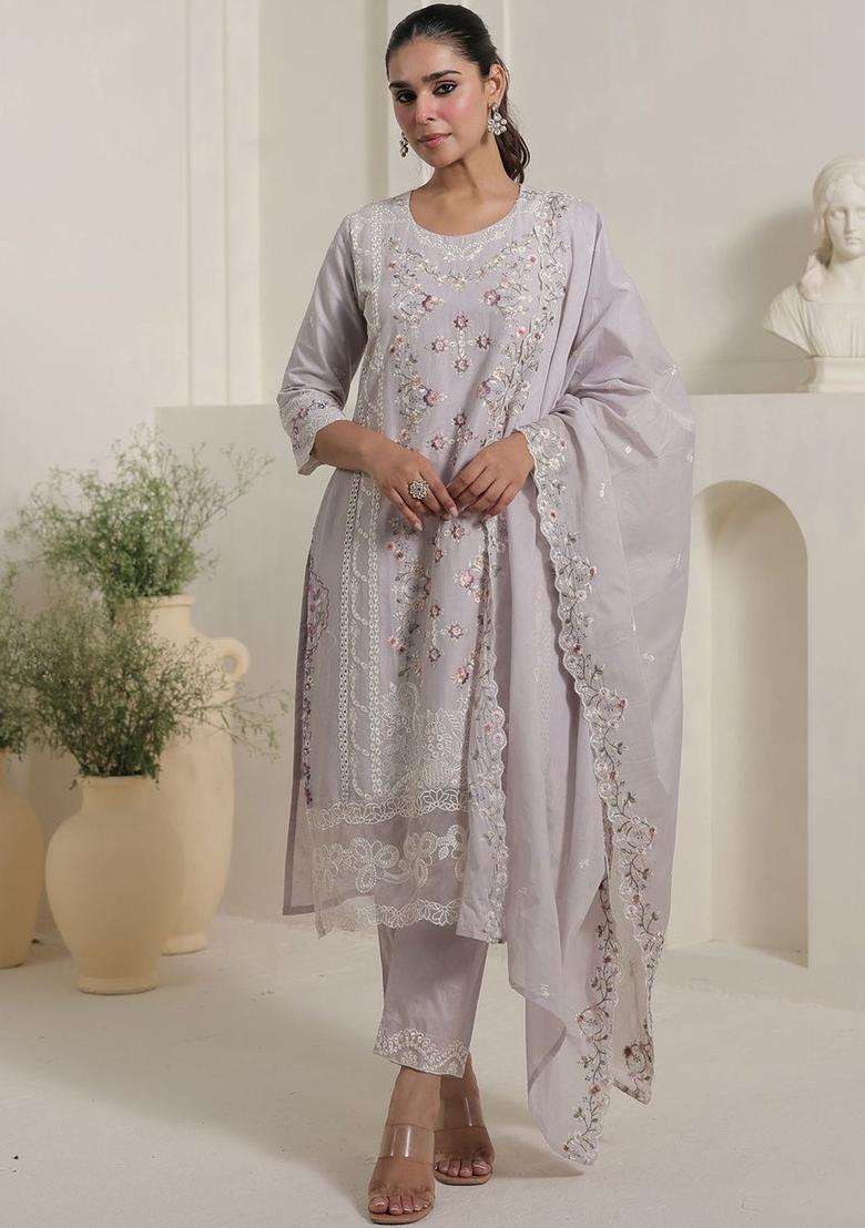 Lavender Embroidered Cotton Kurta Set - Indya