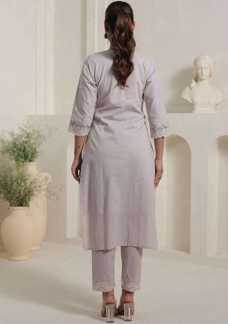 Lavender Embroidered Cotton Kurta Set - Indya
