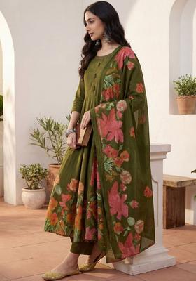 Olive Solid Cotton Kurta Set