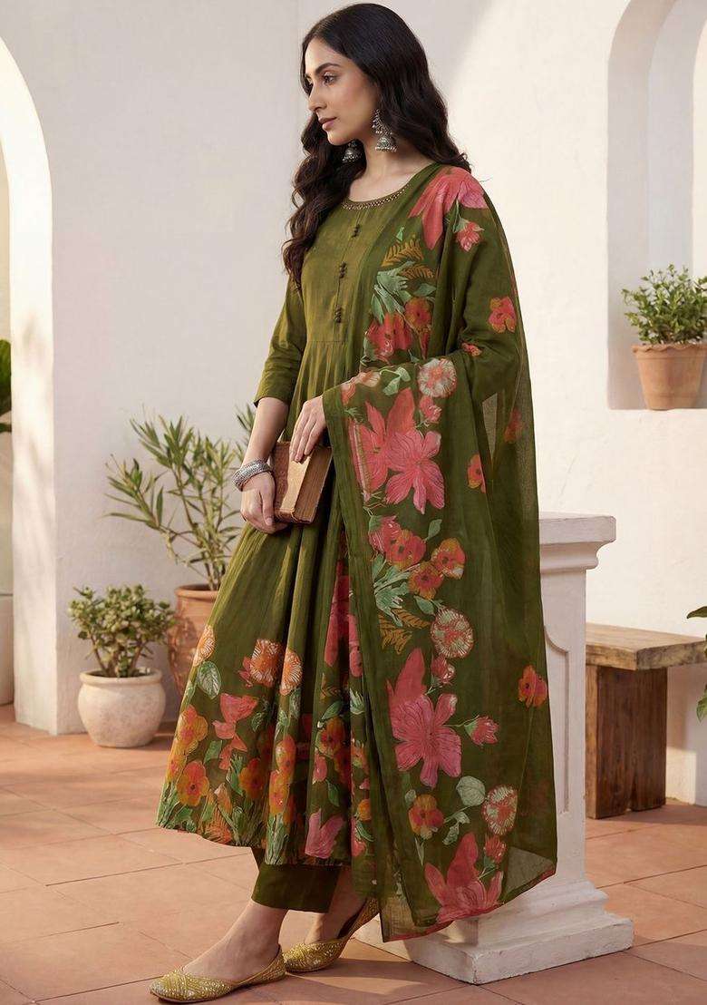 Olive Solid Cotton Kurta Set - Indya