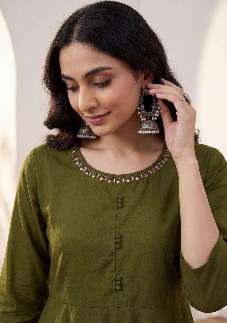 Olive Solid Cotton Kurta Set - Indya