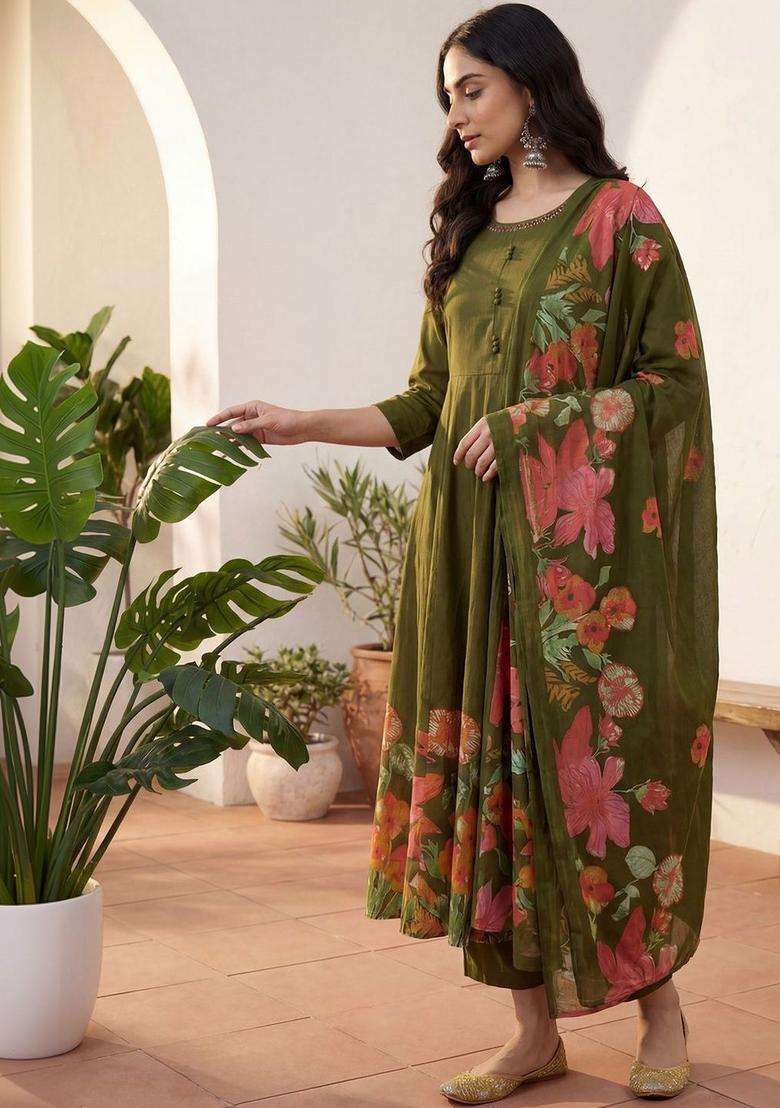 Olive Solid Cotton Kurta Set - Indya