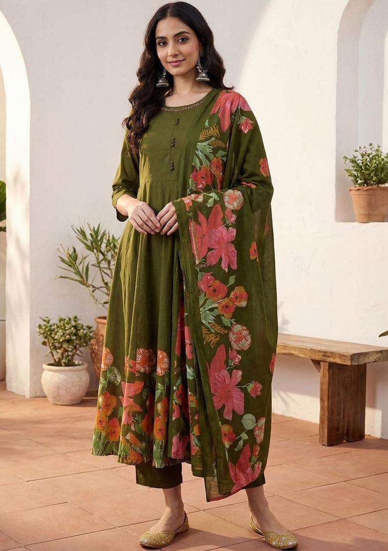 Olive Solid Cotton Kurta Set - Indya