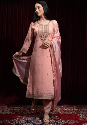 Peach Embroidered Polyester Kurta Set