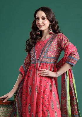 Red Printed Cotton Kurta Set