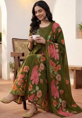 Olive Solid Cotton Kurta Set