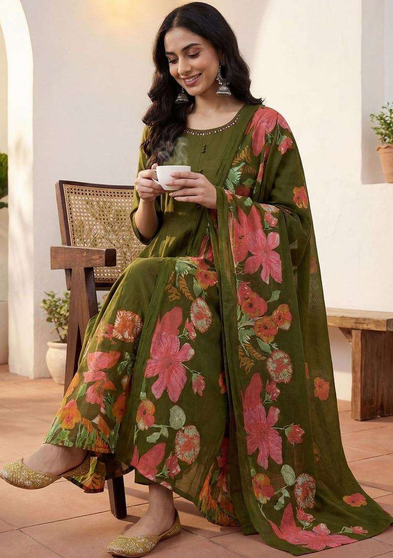 Olive Solid Cotton Kurta Set - Indya