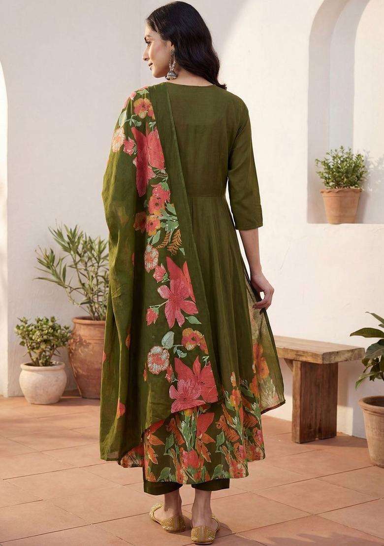 Olive Solid Cotton Kurta Set - Indya