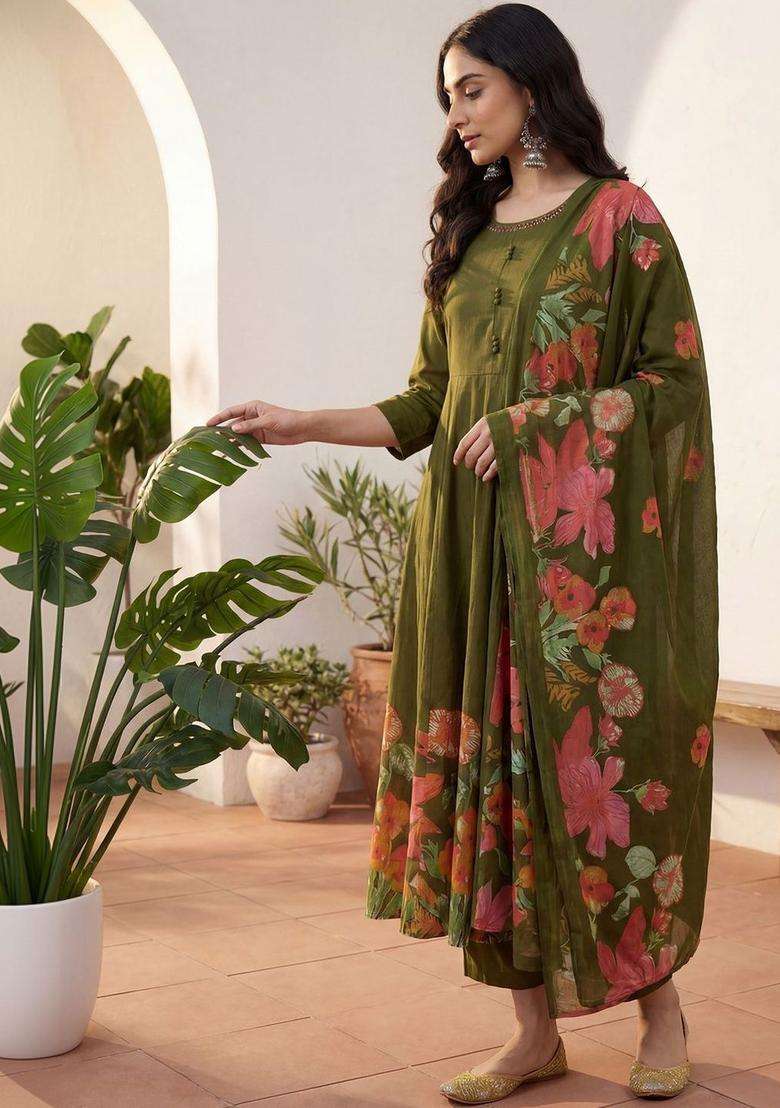 Olive Solid Cotton Kurta Set - Indya