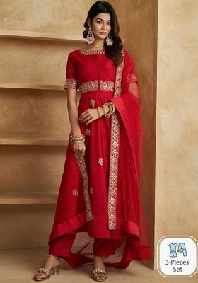 Red Embroidered Cotton Kurta Set