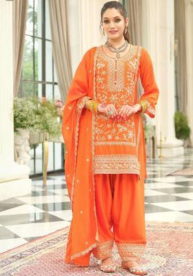 Orange Embroidered Chinon Kurta Set