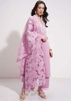 Taupe Embroidered Polyester Kurta Set