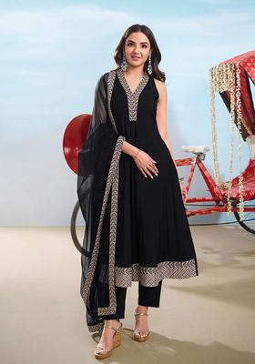 Black Yoke Design Silk Blend Anarkali Set