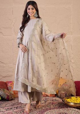 Cream Self Design Silk Blend Kurta Set