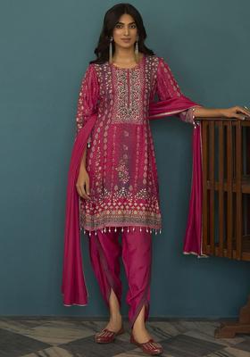 Pink Printed Silk Blend Kurta Set