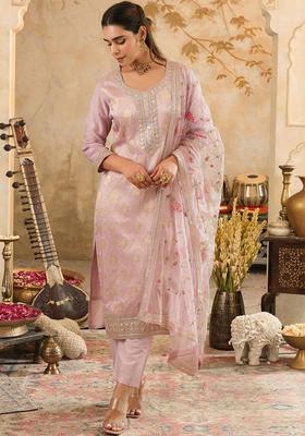 Lavender Woven Design Silk Blend Kurta Set