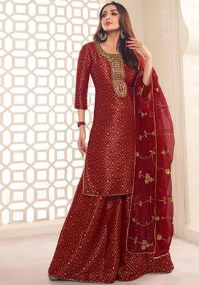 Maroon Printed Silk Blend Kurta Set
