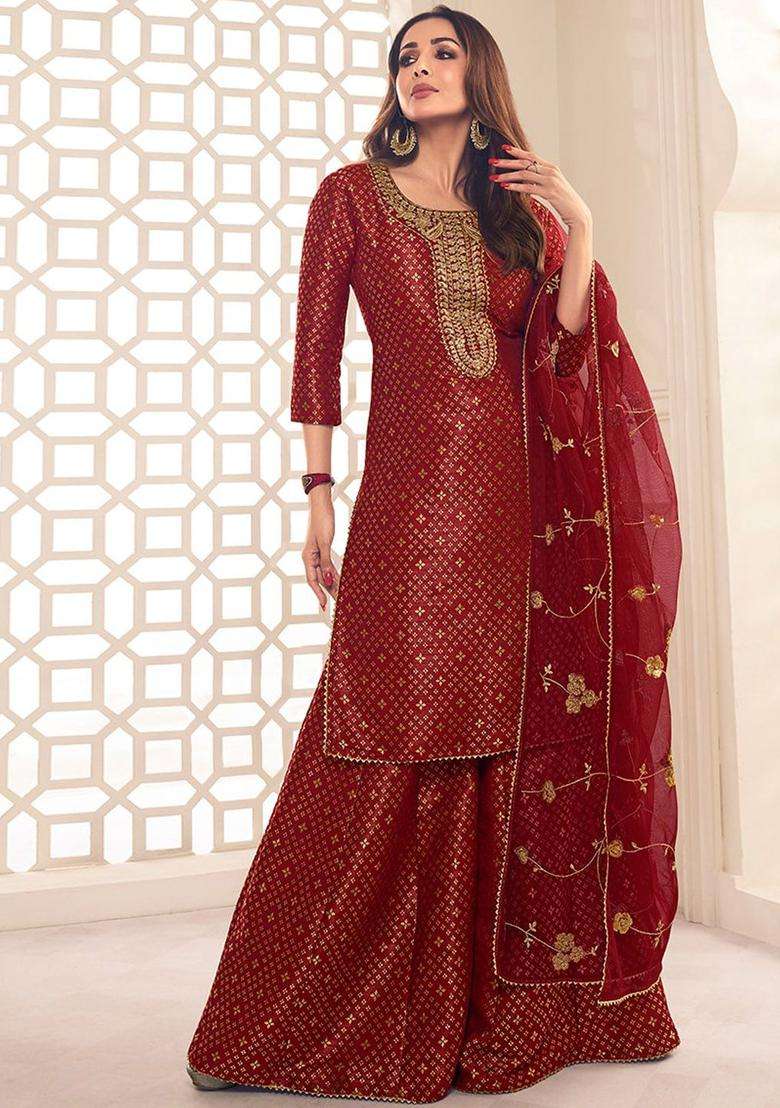 Maroon Printed Silk Blend Kurta Set - Indya