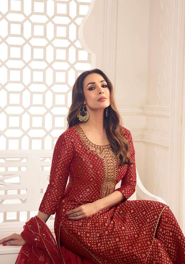 Maroon Printed Silk Blend Kurta Set - Indya