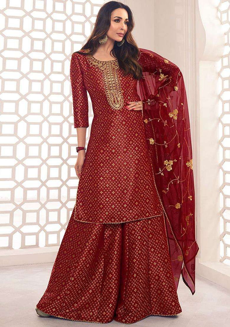 Maroon Printed Silk Blend Kurta Set - Indya