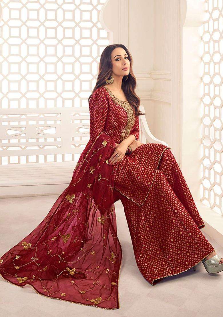 Maroon Printed Silk Blend Kurta Set - Indya
