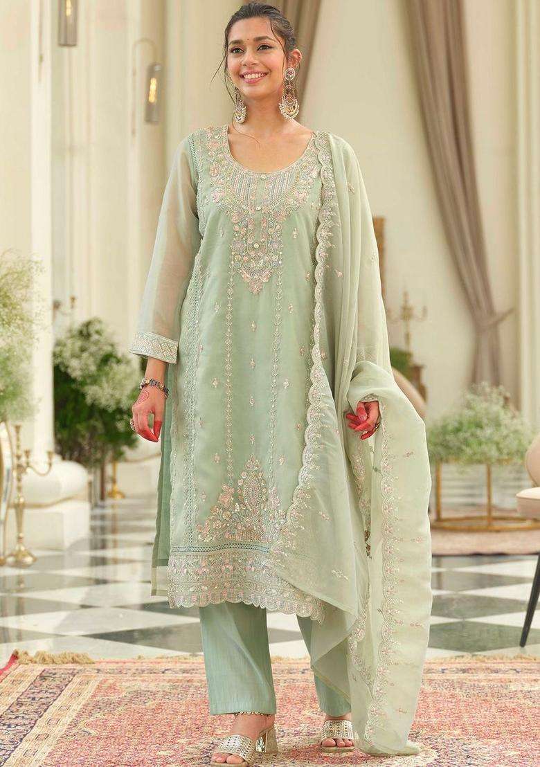 Sea Green Embroidered Silk Blend Kurta Set - Indya