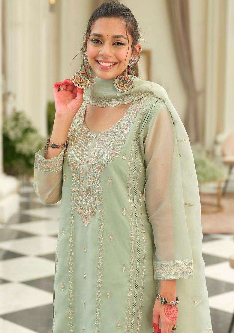 Sea Green Embroidered Silk Blend Kurta Set - Indya