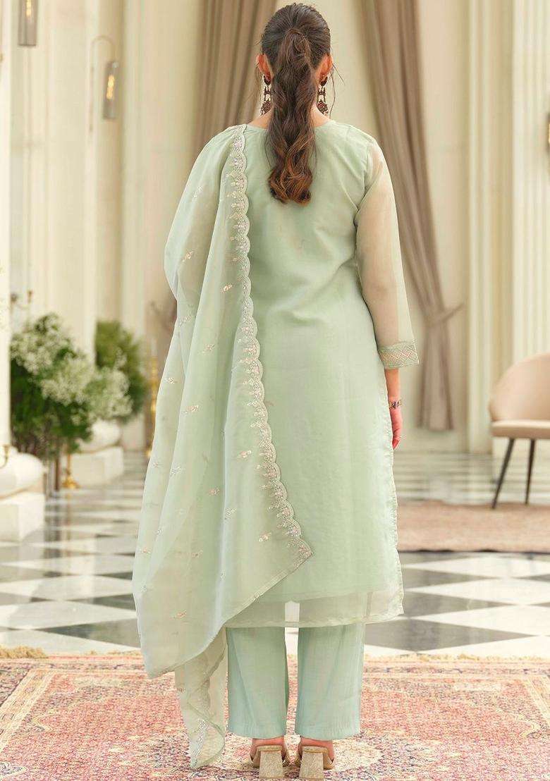 Sea Green Embroidered Silk Blend Kurta Set - Indya