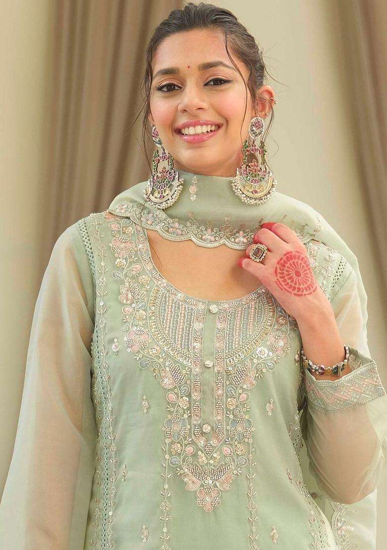 Sea Green Embroidered Silk Blend Kurta Set - Indya