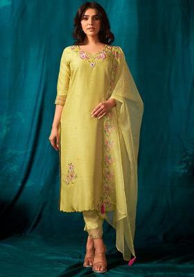 Olive Embroidered Silk Blend Kurta Set