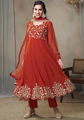 Rust Embroidered Georgette Kurta Set